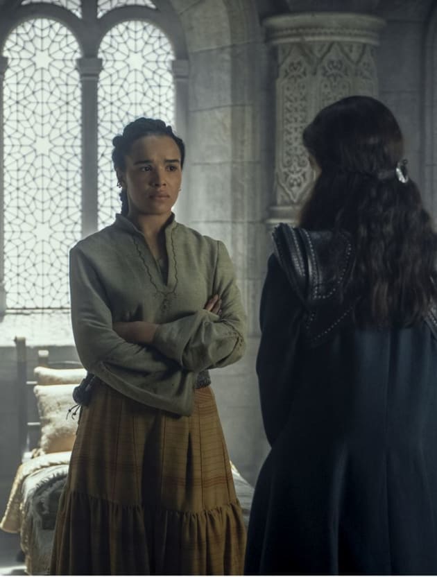 Nynaeve Talking with Moiraine The Wheel of Time Season 1 Episode 5