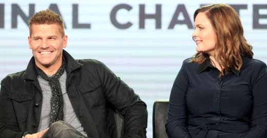 Actors David Boreanaz (L) and Emily Deschanel of the television show 'Bones' speak onstage during the FOX portion of the 2017 Winter Television Critics Association Press Tour 