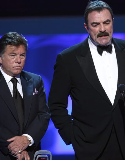 Larry Manetti and Tom Selleck accept the Hero Award for "Magnum P.I." onstage at the 7th Annual TV Land Awards