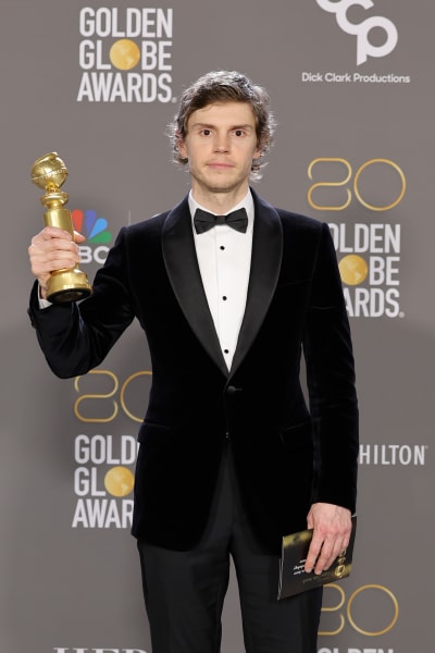 Evan Peters poses with the Best Actor in a Limited or Anthology Series or Television Film award for "Dahmer – Monster: The Jeffrey Dahmer Story" 