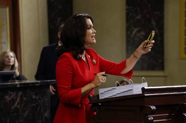 Bellamy Young as Mellie Grant - Scandal Season 5 Episode 9, "Baby it's Cold Outside"
