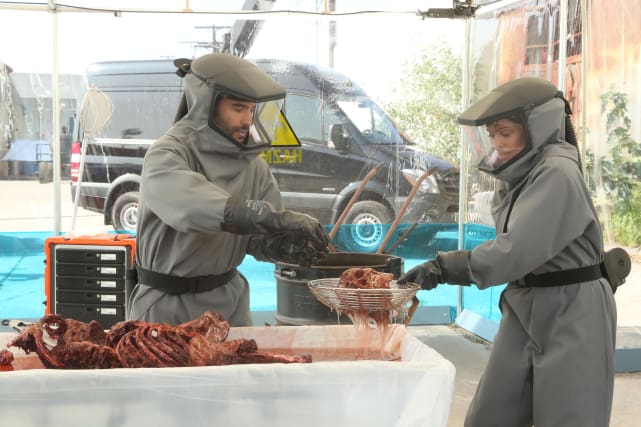 Cam and Feuntes are Suited Up - Bones Season 10 Episode 18