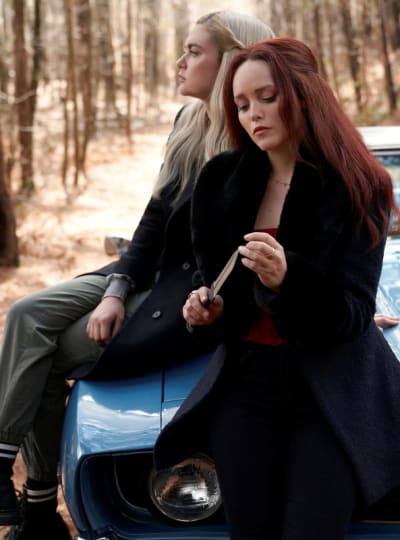 Lizzie and Aurora on a car -- Legacies Season 4 Episode 15
