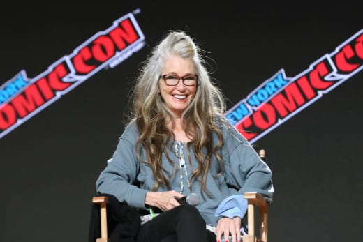 Mary McDonnell speaks on stage during the Battlestar Galactica Retrospective with Edward James Olmos and Mary McDonnell Panel 