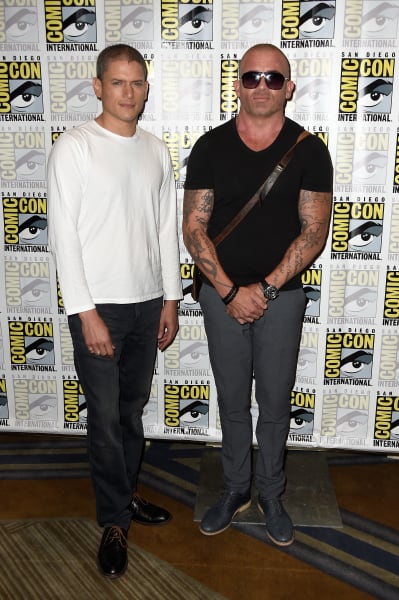 Actors Wentworth Miller (L) and Dominic Purcell attend the press line for the Fox Action Showcase with "Prison Break"
