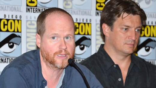Joss Whedon and Nathan Fillion speak onstage at the "Firefly" 10 Year Anniversary Reunion