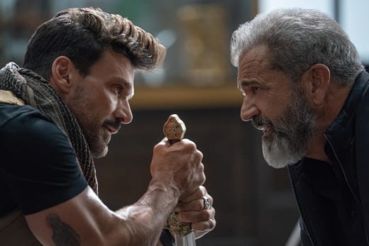 Frank Grillo and Mel Gibson in Boss Level