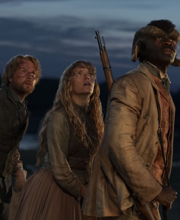 Andrew Gower, Tamzin Merchant, David Gyasi in CarnivalRow
