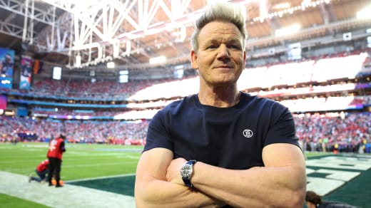 Gordon Ramsay is seen on the field prior to Super Bowl LVII between the Kansas City Chiefs and Philadelphia Eagles