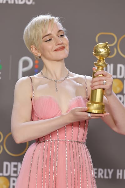 Julia Garner poses with the Best Supporting Actress in a Television Series – Musical-Comedy or Drama award for "Ozark" 