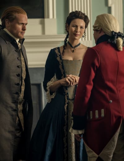 Jamie, Claire, and Major MacDonald at Elrick Estate - Outlander Season 6 Episode 5
