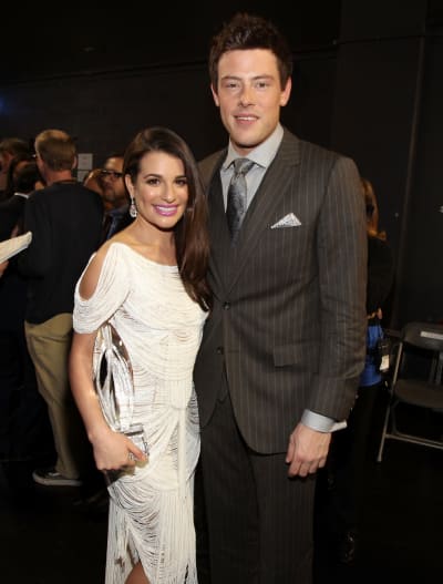 Actors Lea Michele and Cory Monteith pose backstage during the 2012 People's Choice Awards at Nokia Theatre L.A. Live 
