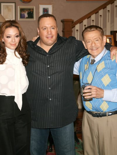 Actress Leah Remini and actors Kevin James and Jerry Stiller attend the "King of Queens" party celebrating the show's 200th episode 