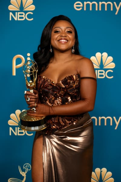 Quinta Brunson, winner of Outstanding Writing for a Comedy Series for “Abbott Elementary, poses in the press room during the 74th Primetime Emmys at Microsoft Theater