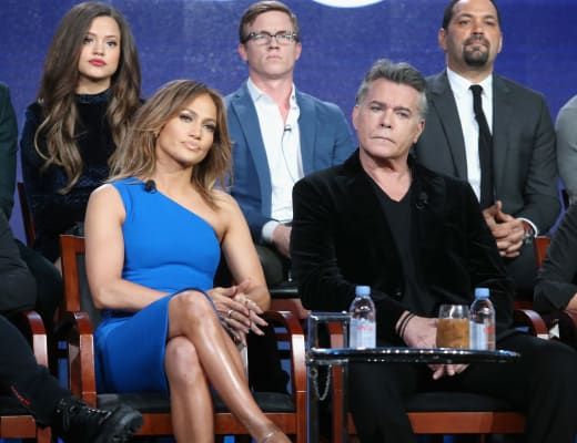 Sarah Jeffery, Warren Kole and Vincent Laresc (front) Executive producer/actress Jennifer Lopez (L) and actor Ray Liotta speak onstage