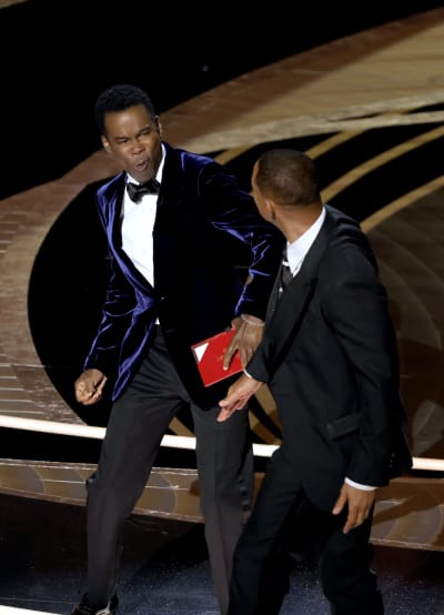 Will Smith appears to slap Chris Rock onstage during the 94th Annual Academy Awards at Dolby Theatre