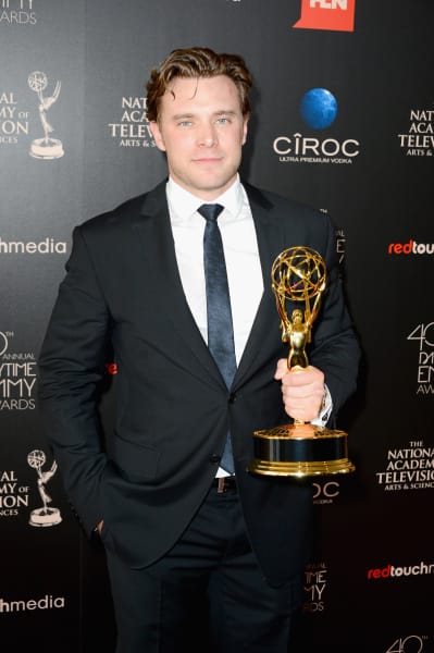 Billy Miller poses with the Outstanding Supporting Actor in a Drama Series award for "The Young and the Restless"