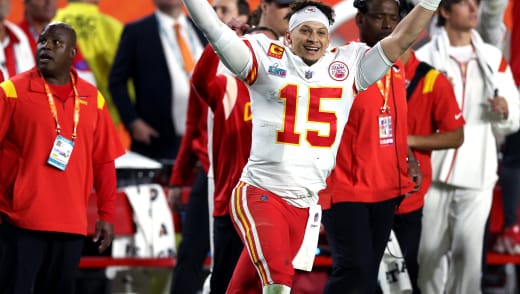 Patrick Mahomes #15 of the Kansas City Chiefs celebrates after defeating the Philadelphia Eagles 