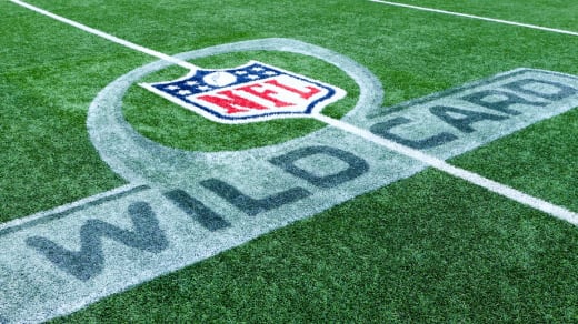 The NFL wild card logo is seen on the field prior to a game between the Miami Dolphins and Buffalo Bills in the AFC Wild Card playoff game 