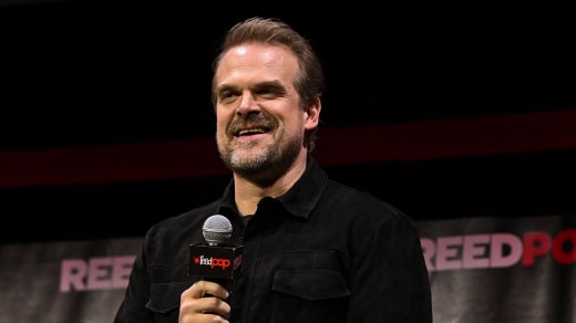 David Harbour speaks onstage during VIOLENT NIGHT presented by Universal Pictures during New York Comic Con 