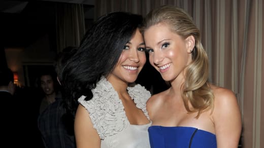 Actresses Naya Rivera (L) and Heather Morris attend the celebration of Glee's Golden Globe nominations