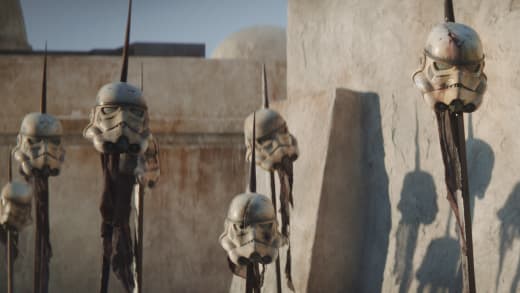 A Gaggle of Stormtrooper Heads Impaled on Stakes - The Mandalorian Season 1 Episode 5
